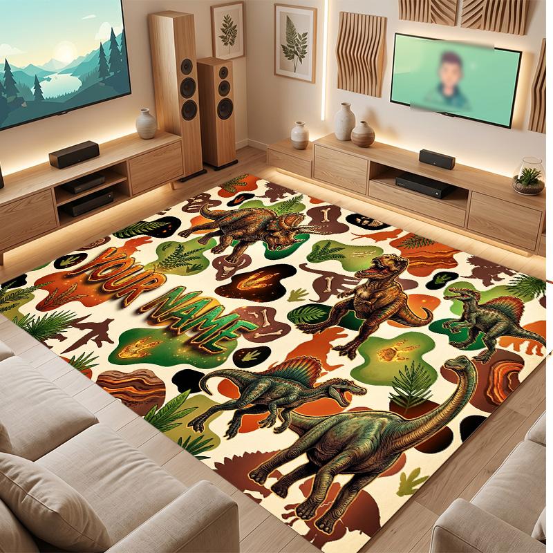 Dinosaur Theme Soft Crystal Velvet Rug Custom Name & Text Print Non Slip Floor Rug for Bedroom Living Room