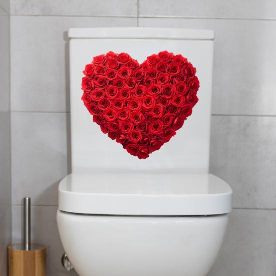 Valentine's Day Toilet Sticker Rose Flower Heart Shaped Toilet Lid Tank Decals Self-Adhesive Waterproof PVC Bathroom Wall Sticker