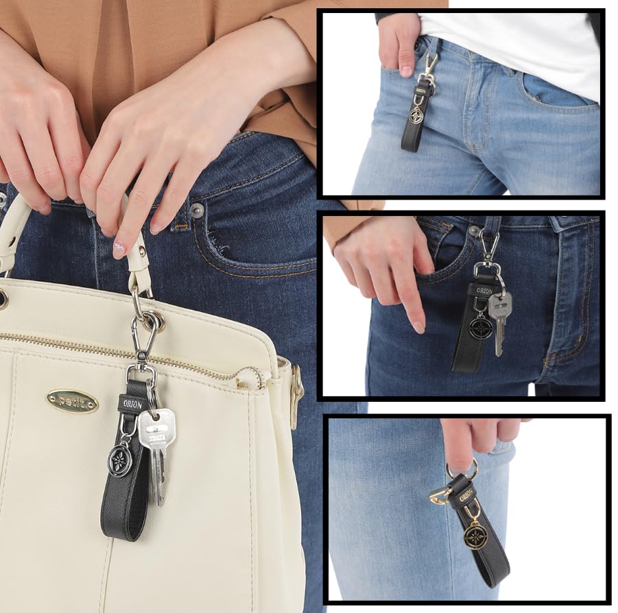 World Genuine Leather Keychain Perfect Gift for Men and Women [Orion Selection] (Carabiner/Gold/Grained Leather) -