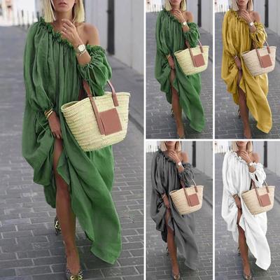 Damenkleid mit schrägem Halsausschnitt, gerafften langen Laternenärmeln, lockere, reine Farbe, plissiert, volle Länge, Urlaub, Strand, Robe, Maxikleid