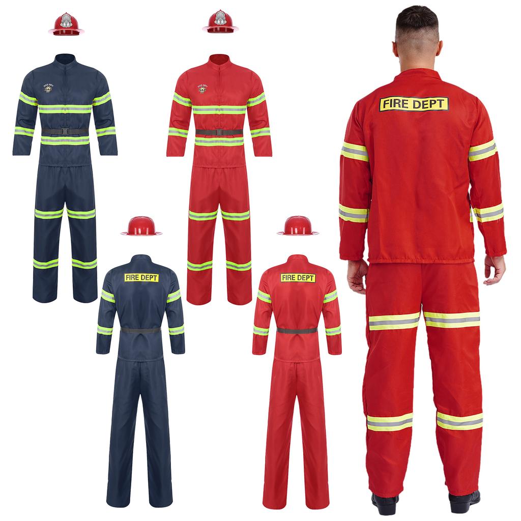 Mens Firefighter Dress Up Costume 4-piece Suit Plastic Helmet Long Sleeve Jacket Coat Pants and Belt Reflective Stripes Set