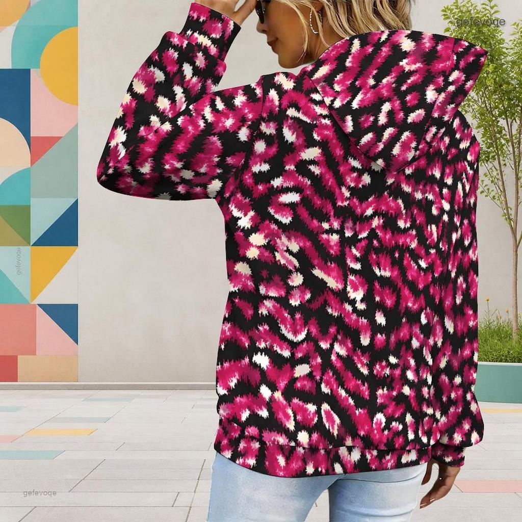 Women Plus Size Navy Blue Printed Long Sleeve Drawstring Hoodie With Kangaroo Pocket