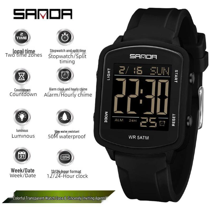 Sanda Transparent Square Multifunctional Sports Watch with Student Alarm, Dual Time, and Waterproof Features.