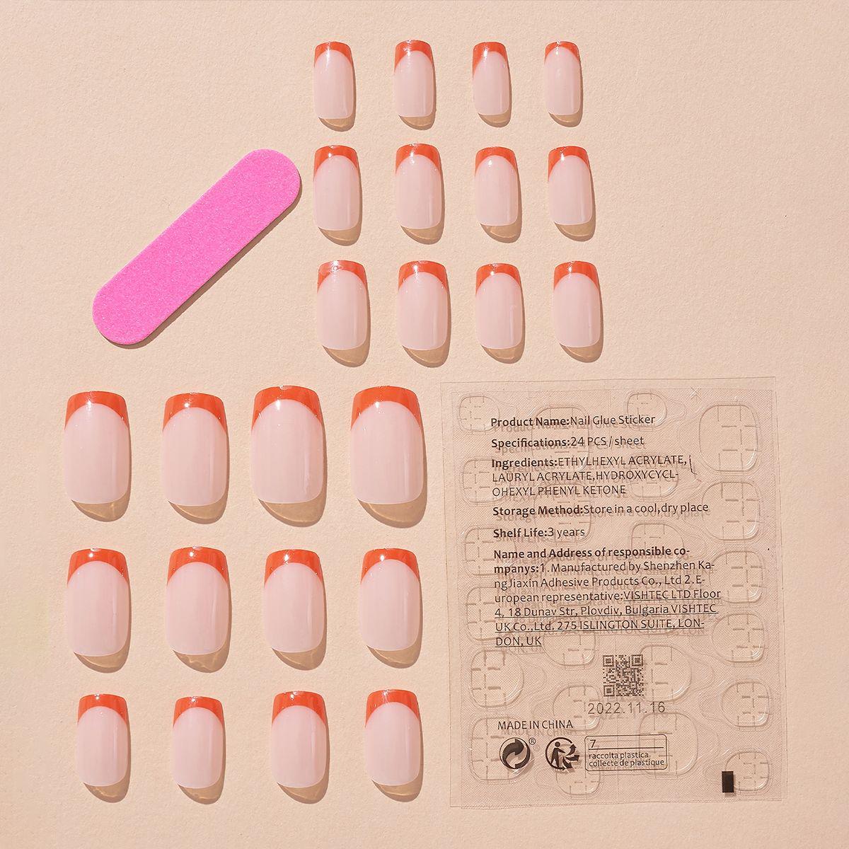 

Накладные ногти средней длины оранжевого цвета с французским краем, съемный нейл-арт, подходят для Европы и Америки