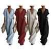Damen V-Ausschnitt Maxikleid Sommer Baumwolle Leinen Fließend Strand Sonnenkleid Spitzenbesatz Lässig Locker Lang Kleid mit Taschen