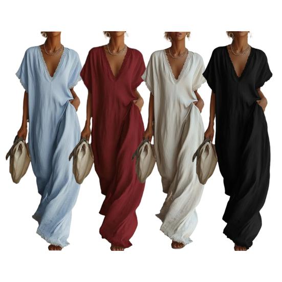 Damen V-Ausschnitt Maxikleid Sommer Baumwolle Leinen Fließend Strand Sonnenkleid Spitzenbesatz Lässig Locker Lang Kleid mit Taschen