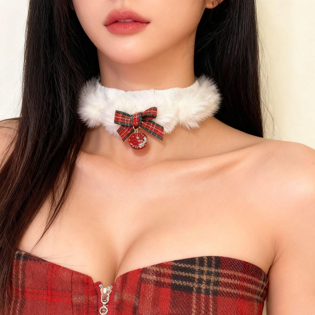 Plaid Bow Pom-pom Choker Necklace - Christmas Ornament Style