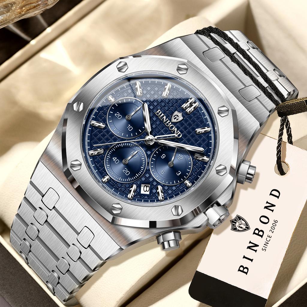 BINBOND Original Precise Quartz Watches For Men Chnorograph Luminous Waterproof Stainless Steel Luxury Relojios Para Hommes