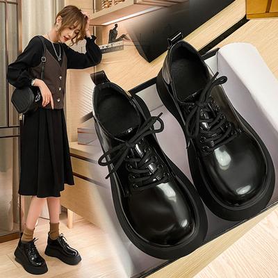 Czarne, brytyjskie, małe skórzane buty na wiosnę i jesień Nowe, grube, podeszwy, buty typu derby z dużymi palcami, w stylu college'u