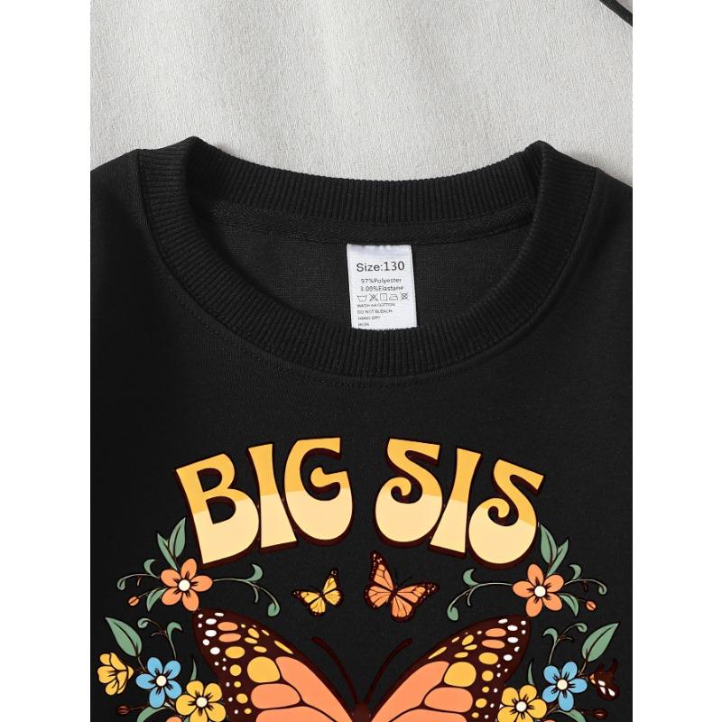 European Sizes Girls' Soft Crewneck Sweatshirt Big Sister Butterfly Floral Design, Casual for Fall Winter, Ideal Holiday Present.