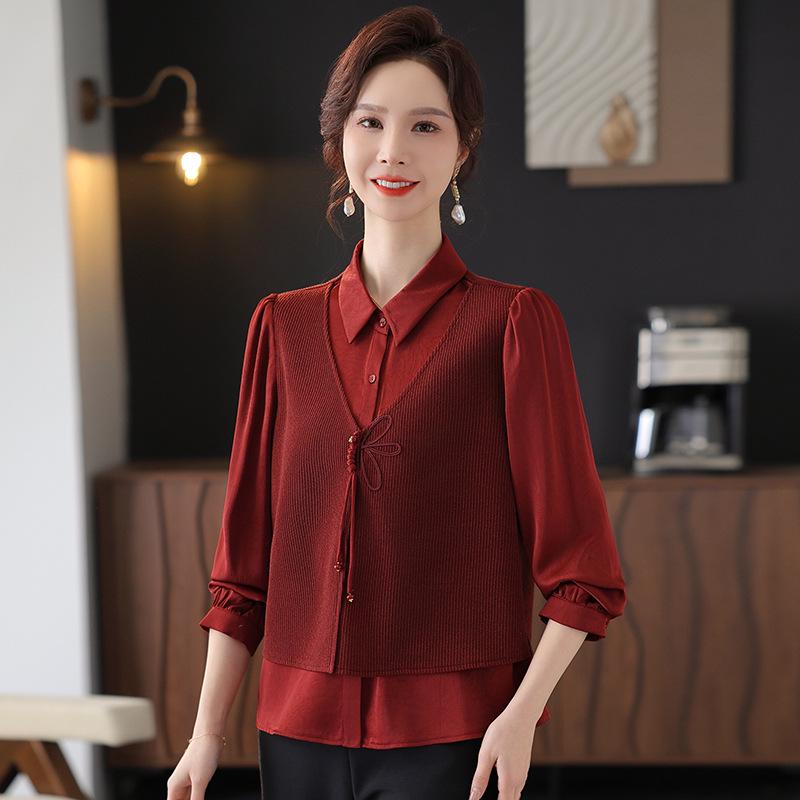 Women's Fashion Splicing Long Sleeve Two-Piece Shirt - Spring 2025 Collection for Middle-Aged Mothers