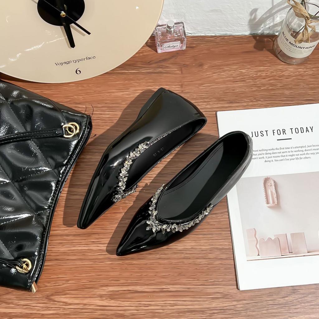 Grape mother summer new flat-bottomed single shoes women's inner height increase sparkling rhinestone French temperament small pointed light luxury wo
