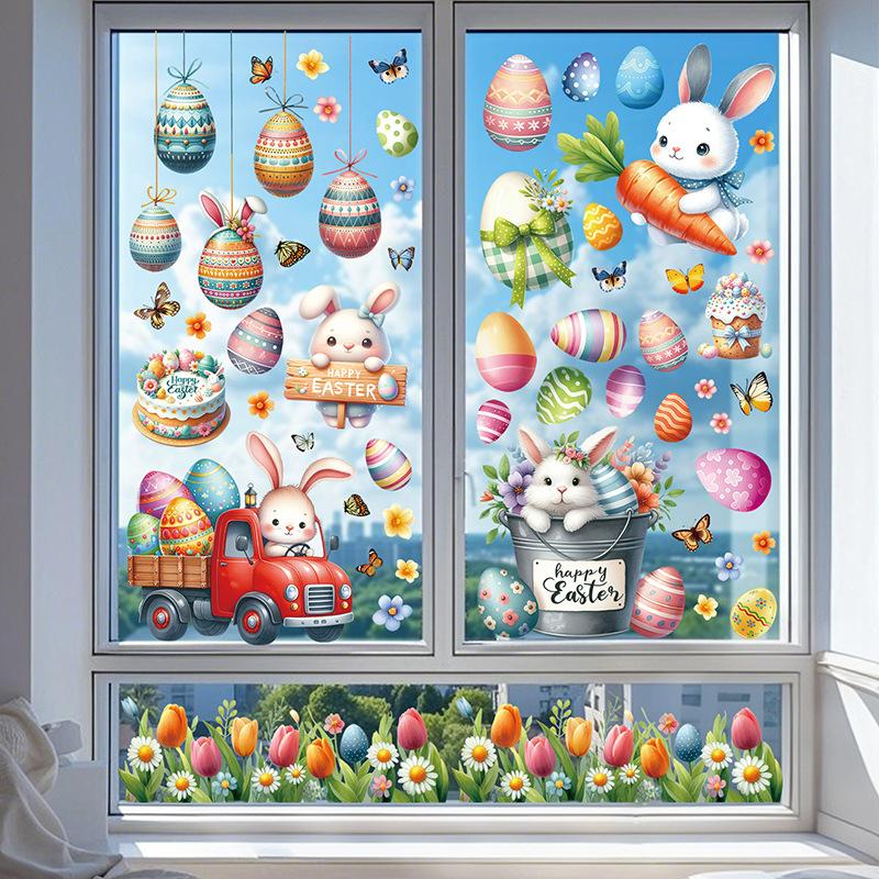 9 Sheets Cute Rabbits Easter Window Stickers PVC Electrostatic Bunny Home Decor Glass Decals Reusable Easter Party Decorations