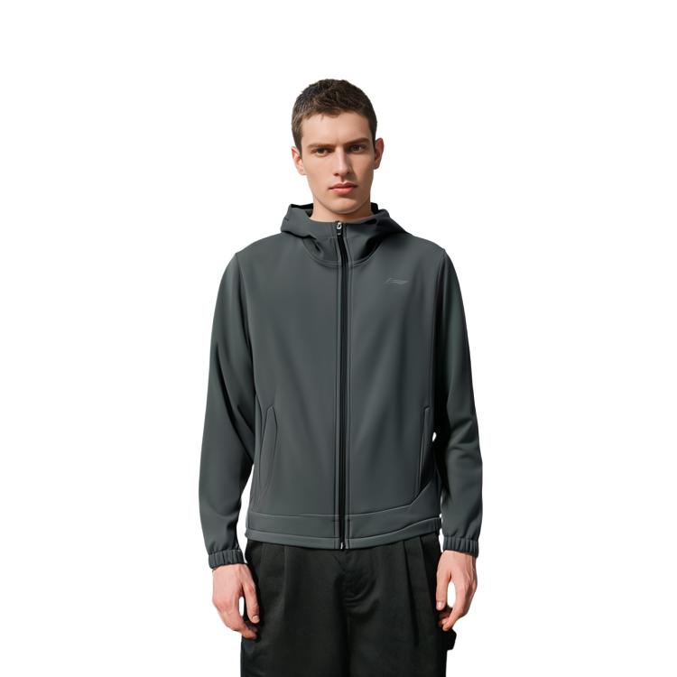 Li-Ning Fitness Series Solid Color Logo Print Zipper Hooded Sports Windbreaker Men Outerwear Gray AFDSA01-2