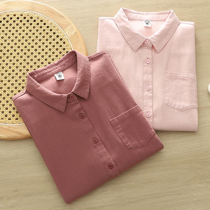 2026 Spring/Autumn Solid Color Brushed Cotton Long-Sleeve Unisex Japanese Casual Shirt