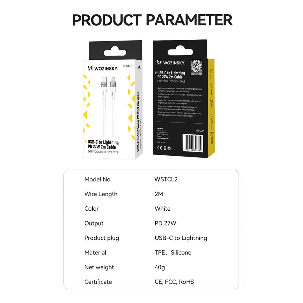 Wozinsky WSTCL2 2m White Lightning/USB-C PD 27W Cable