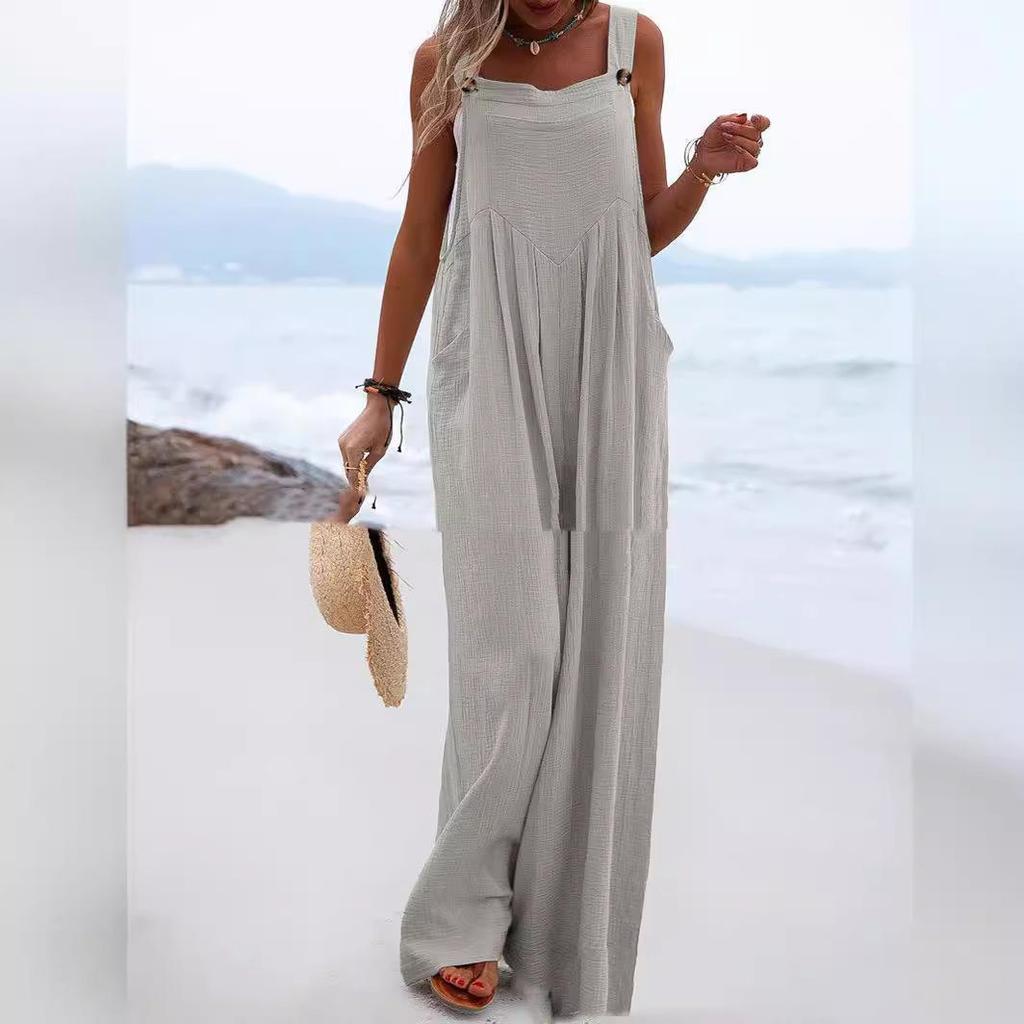 2024 Women's Ethnic Style Sleeveless Wide-Leg Button Jumpsuit