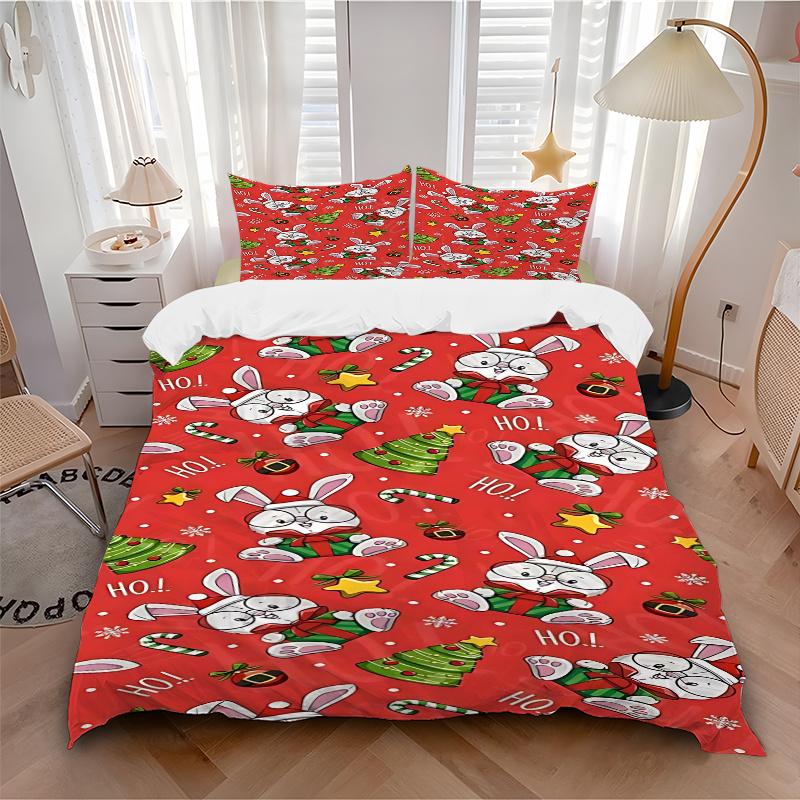 

3pcs Christmas Bunny Pillowcase Set with Red Background, Includes One Quilt Cover and Two Pillowcases (No Core), Festive Gift for Bedroom 135x200cm