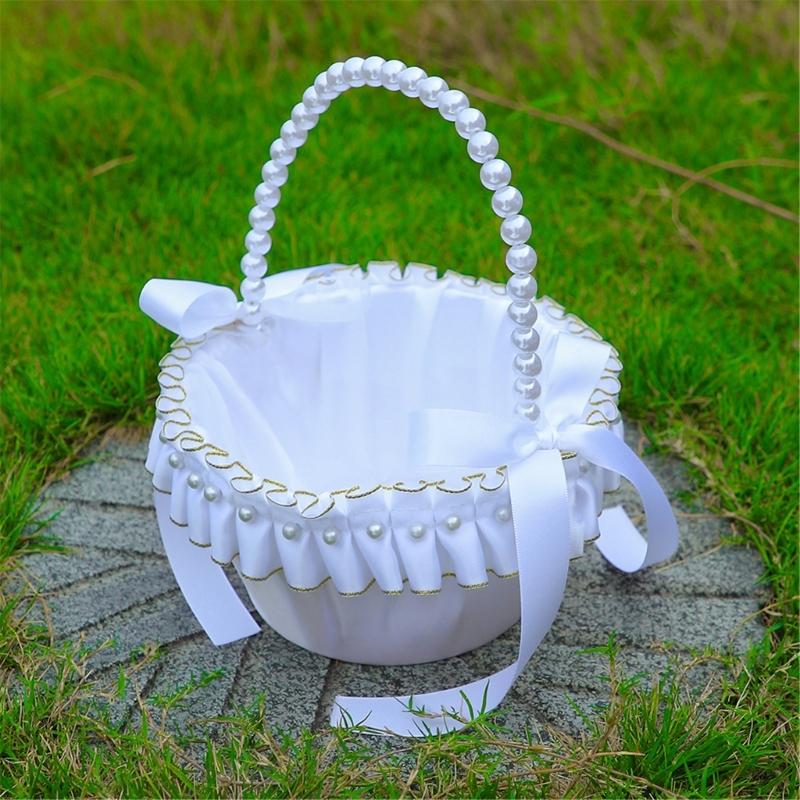 Elegant White And Gold Wedding Decorative Basket For Bridal Ceremonies Parties Decors Durable Fabric Storage Container