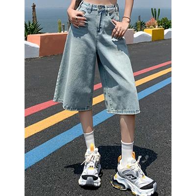 Female Summer American Vintage Baggy Denim Cropped Pants Woman High Waist Washed Wide Leg Jeans Light Blue Loose A Line Shorts