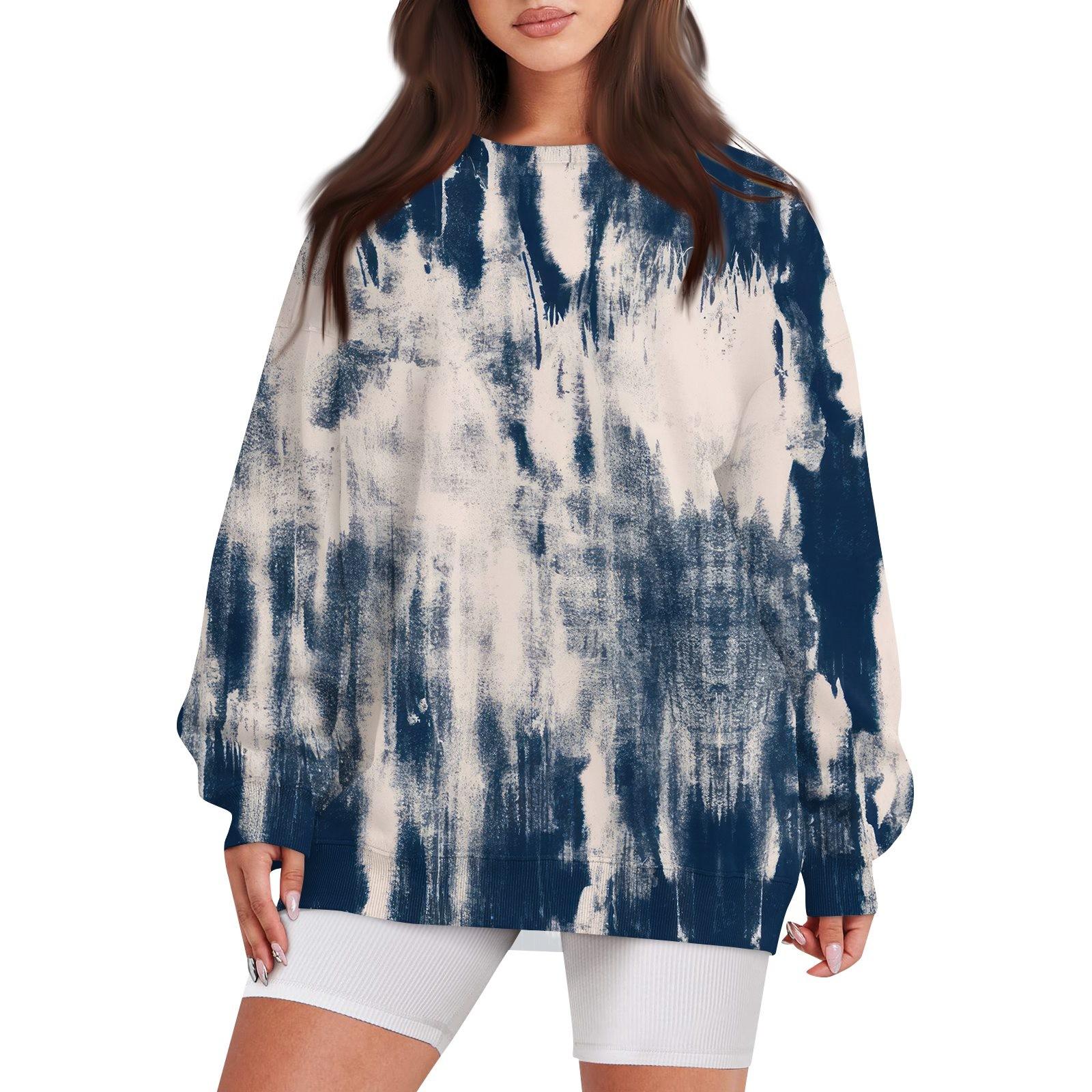 

Женский повседневный свободный свитер с круглым вырезом и длинными рукавами с принтом и карманом XL тёмно-синий