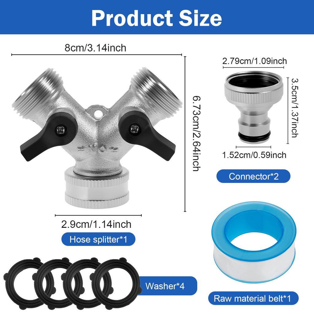 2 Way Hose Splitter Rustproof Garden Hose Splitter Practical Tube Diverter with Washer and Tape Multifunctional Tube Diverter
