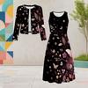 Set Due Pezzi Abito Midi Nero da Donna Taglie Forti Scollo Rotondo Manica Lunga Stampa Farfalle