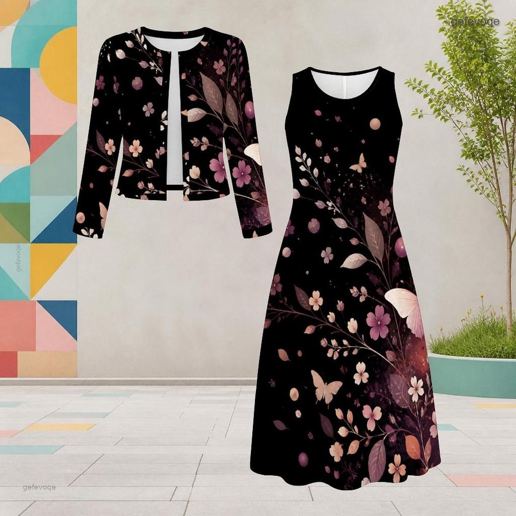 Set Due Pezzi Abito Midi Nero da Donna Taglie Forti Scollo Rotondo Manica Lunga Stampa Farfalle