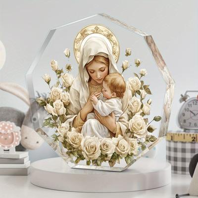 2D Flat Contemporary Virgin Mary & Baby Jesus Acrylic Desktop Decoration, Golden Halo & White Roses, Suitable for Wall Decoration, Porch, Room, Villa,