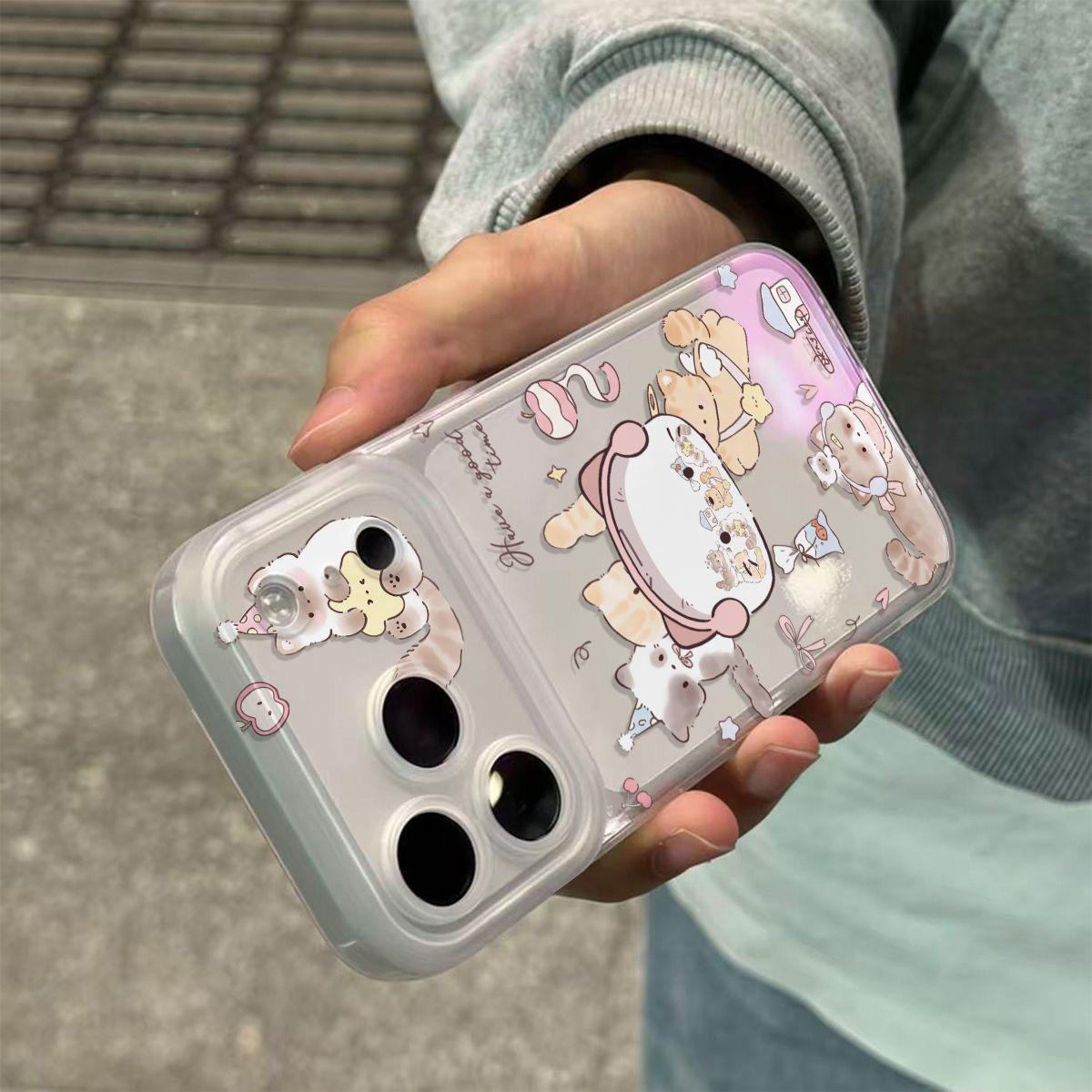 

One-Button Fun Cat Earphones & Phone Case for Apple 14-17, Cute Korean Style 15 Plus