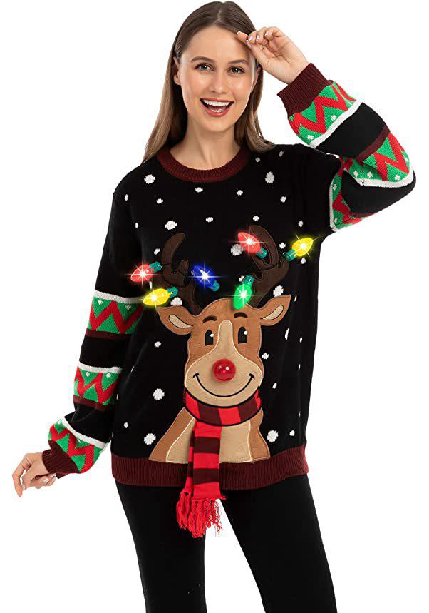

2022 Bestseller Christmas Reindeer Knit Sweater with LED Lights S