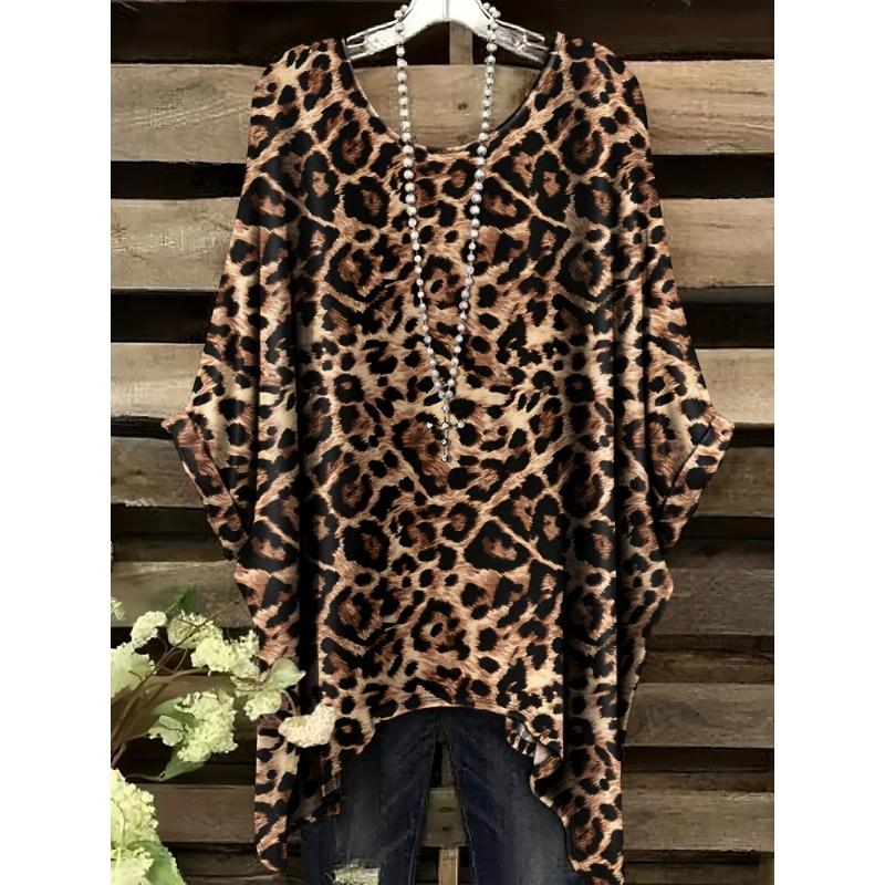 Camiseta de Mujer Moda Leopardo Impresión 3D Tops Verano Sexy Cuello Redondo Manga Corta Camiseta Calle Casual Holgada Ropa de Mujer