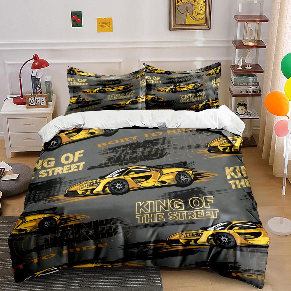 Golden Racing Car Streetwear Design kid's and adults' bedroom decor, Exquisite three-piece bedding set gift
