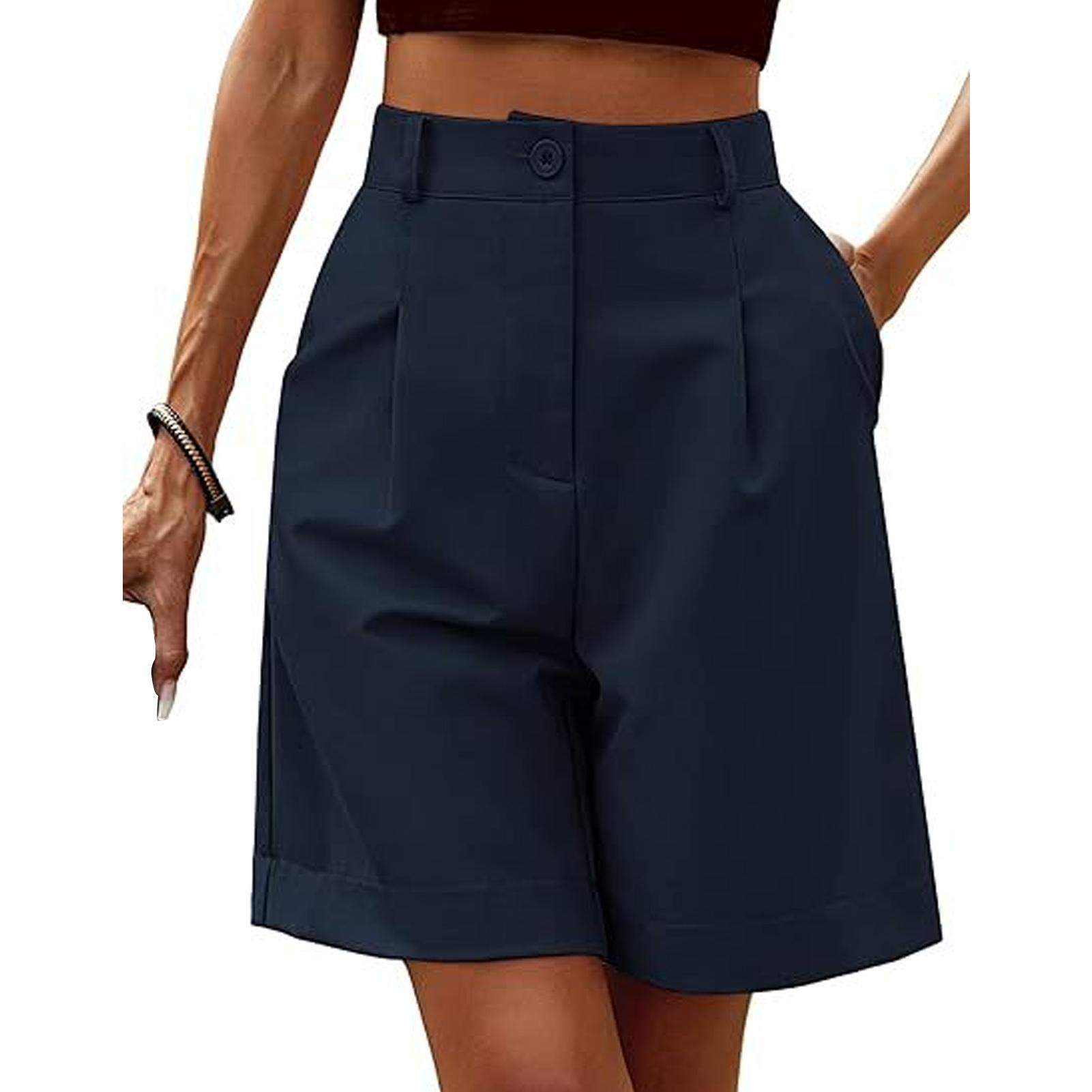 

Women Summer Shorts Solid Color Ladies Summer Straight Short Elegant Zipper Clouse Office Shorts Woman Clothing For Working XS темно-синього кольору