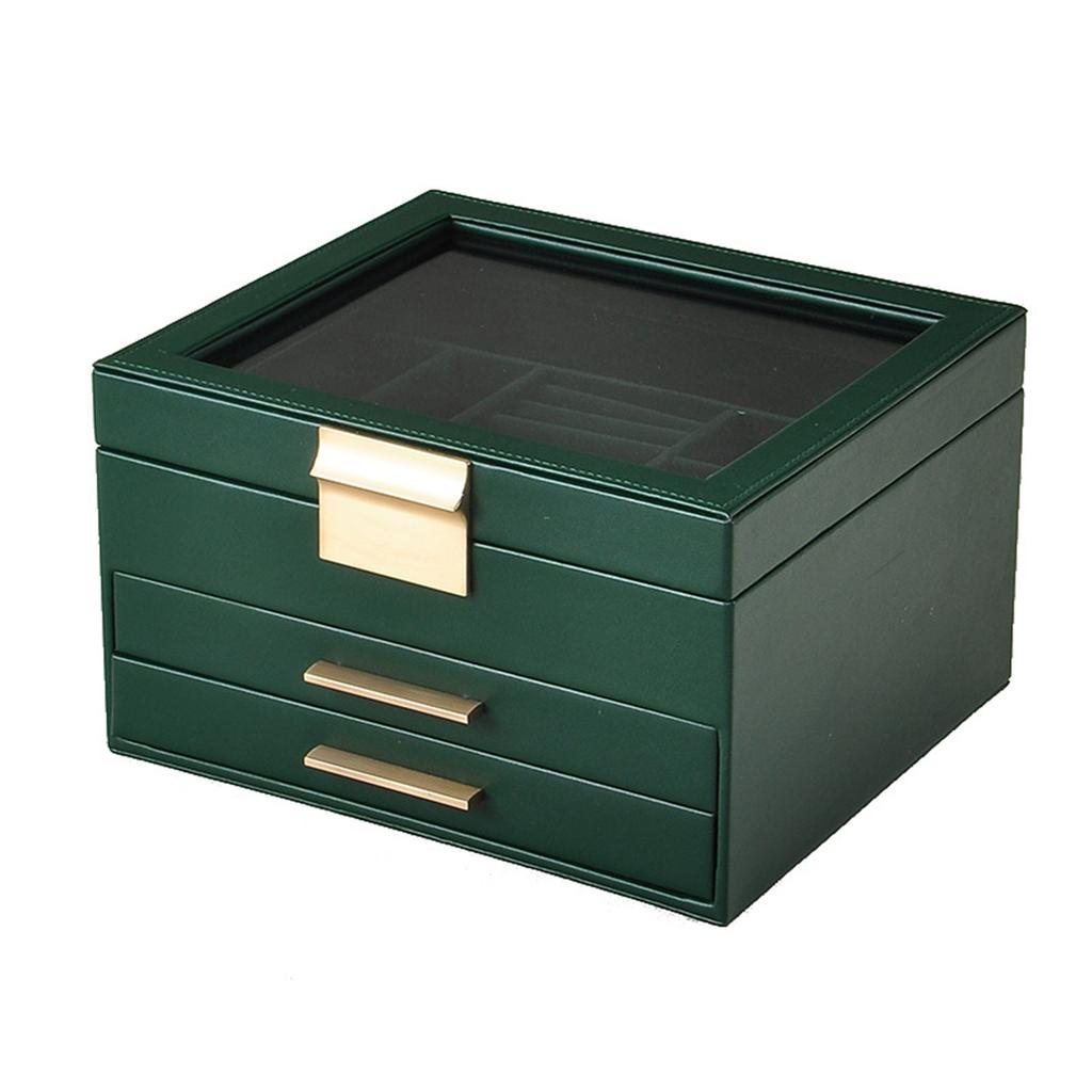 Multi Functional Jewelry Display Box Three Layers Clear Window PU Leather Construction Gold Hardware for Home Use