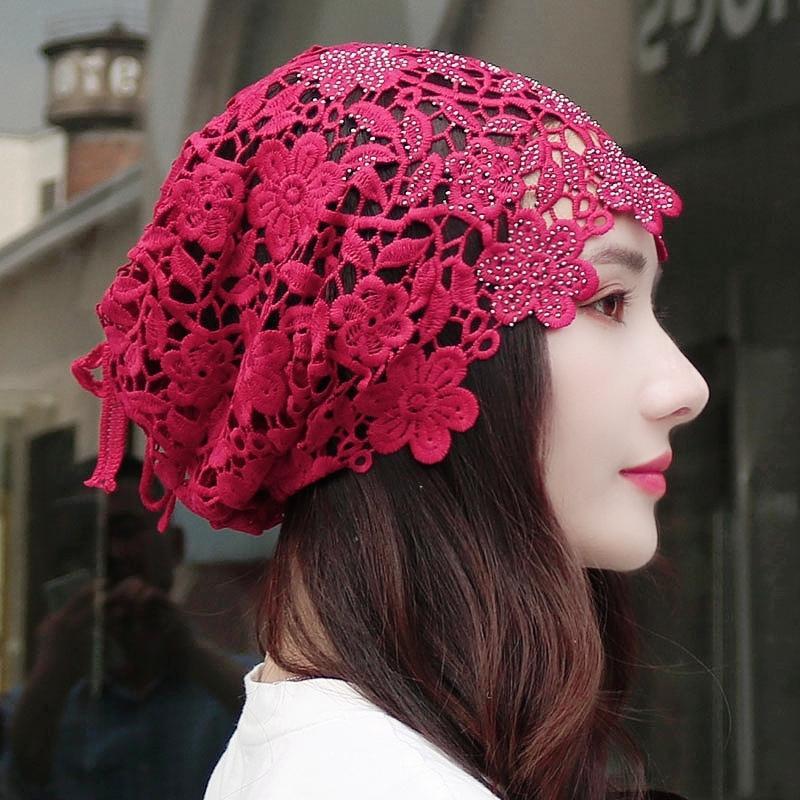 Fashionable Spring & Summer Thin Hat Breathable Ethnic Style Hollow Crocheted Lace Single-layer Hair Covering Scarf Cap Trendy