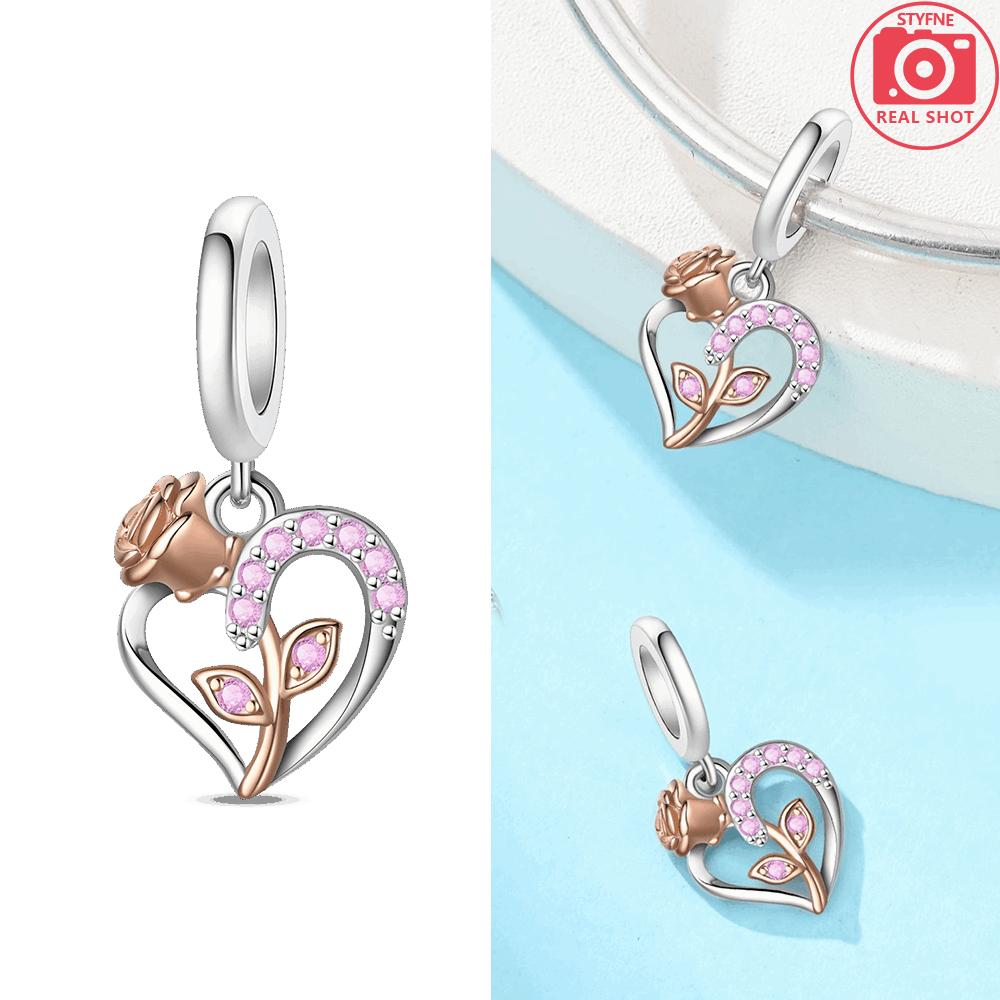 Women Pendant Original Copper Pink Heart Love Bow Rose Flower Charms Bead Fit Bracelet Jewelry Diy Accessory Girlfriend Gift
