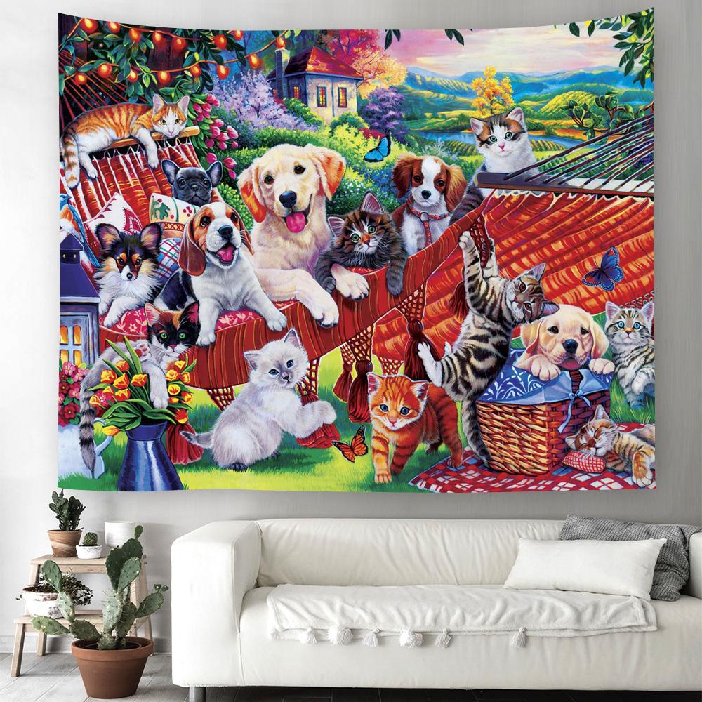 Cartoon Dog Tapestry Kawaii Puppy Wall Hanging Cloth Cute Pet Animal Home Bedroom Living Room Decorative Wall Rug Tapestry