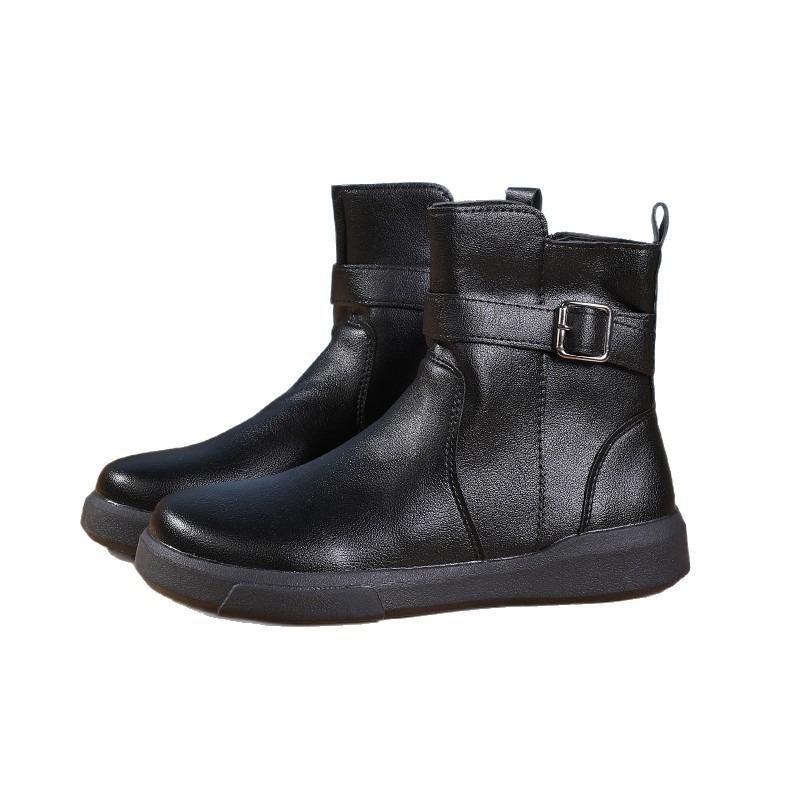Soft leather boots flat bottom British autumn and winter new fashion boots rubber sole boots comfortable velvet boots non-slip warm women