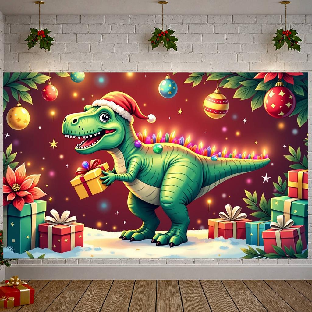 Festive Dino Display Holiday Decor Xmas Gift Backdrop Winter Dino Background Green Dinosaur Gifted Dino Display For Photo Shoot