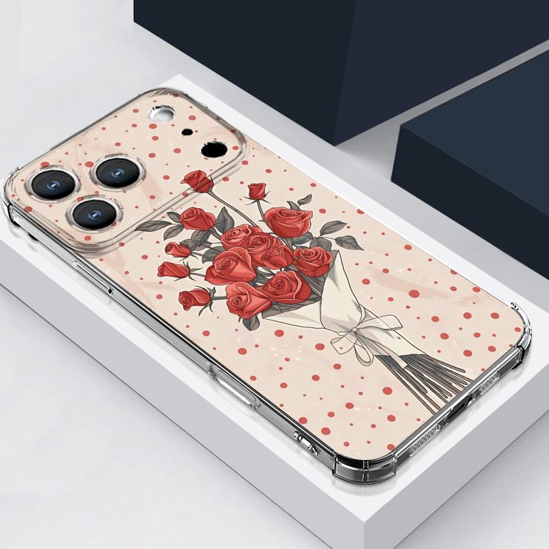 Scarlet Red Rose Flower Pattern Case For iPhone 17 Pro Max Coque iPhone 16 15 14 13 Pro Max 11 Shockproof Clear Soft Silicone Cover