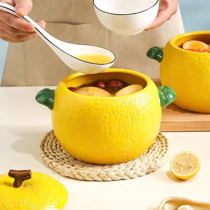 ZISIZ Lemon Ceramic Soup Bowl with Lid