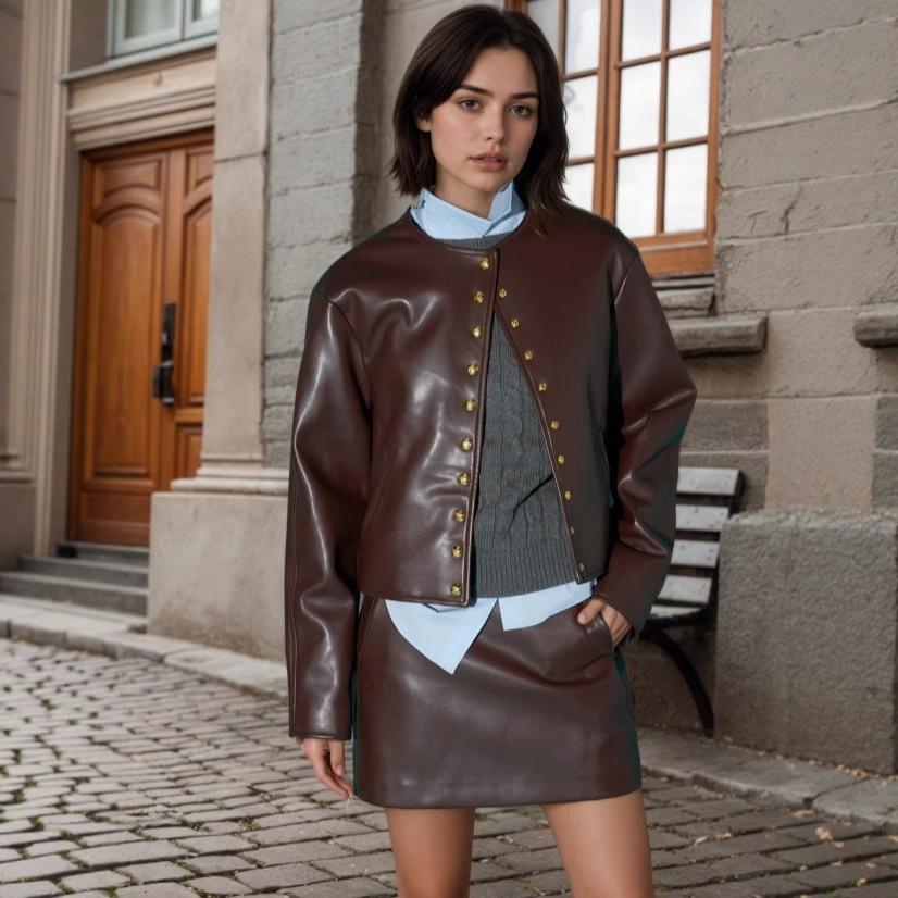 Vintage European and American fashion short leather jacket dark brown texture gold button versatile long-sleeved jacket women s S