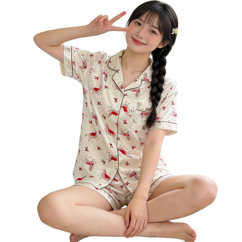 Sweetheart Girl Wind Ice Silk Pajamas Short-Sleeved Set Summer Thin Silk Texture Cardigan Loungewear Can Be Worn Outside