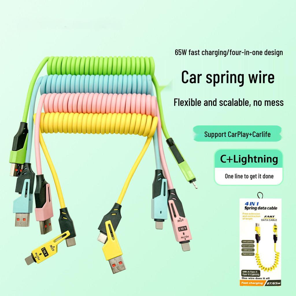 Cross-Border 4-in-1 Spring Retractable Data Cable for Apple 16 & Huawei, 65W Super Fast Charging