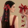 1PC long fringed bead chain red flared flower hairpin, women's fashion red flower long fringed side clip