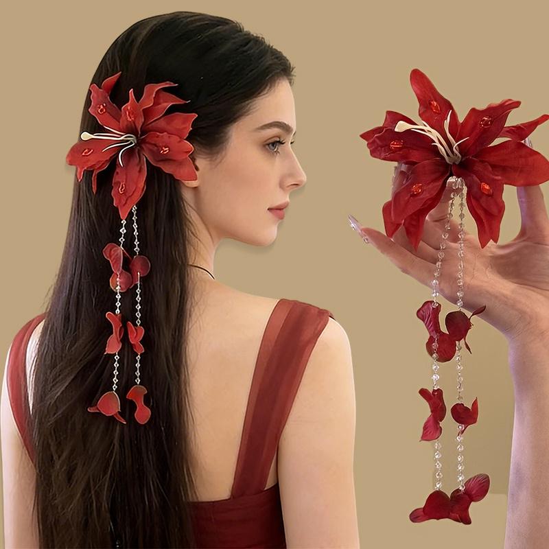 1PC long fringed bead chain red flared flower hairpin, women's fashion red flower long fringed side clip
