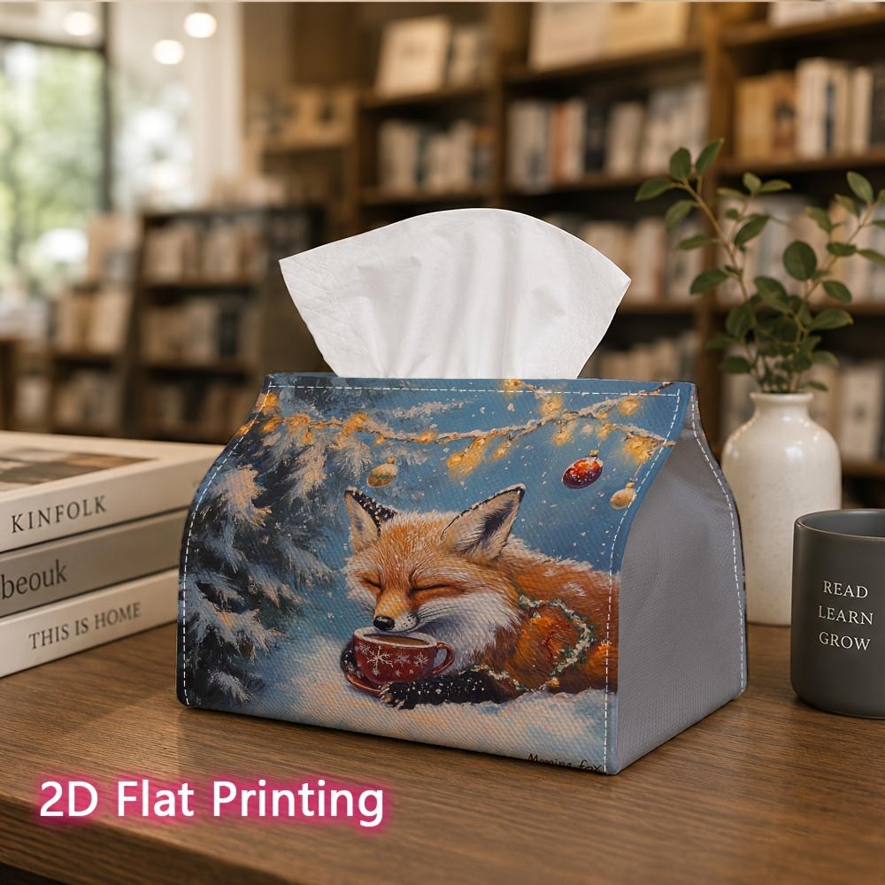 1pc, 2d Flat Printing, Tissue Box Winter Fox and Coffee Cup Pattern Napkin Dispenser, Suitable for Home, Car, and Outdoor Gatheringsr, Tissue Decorati
