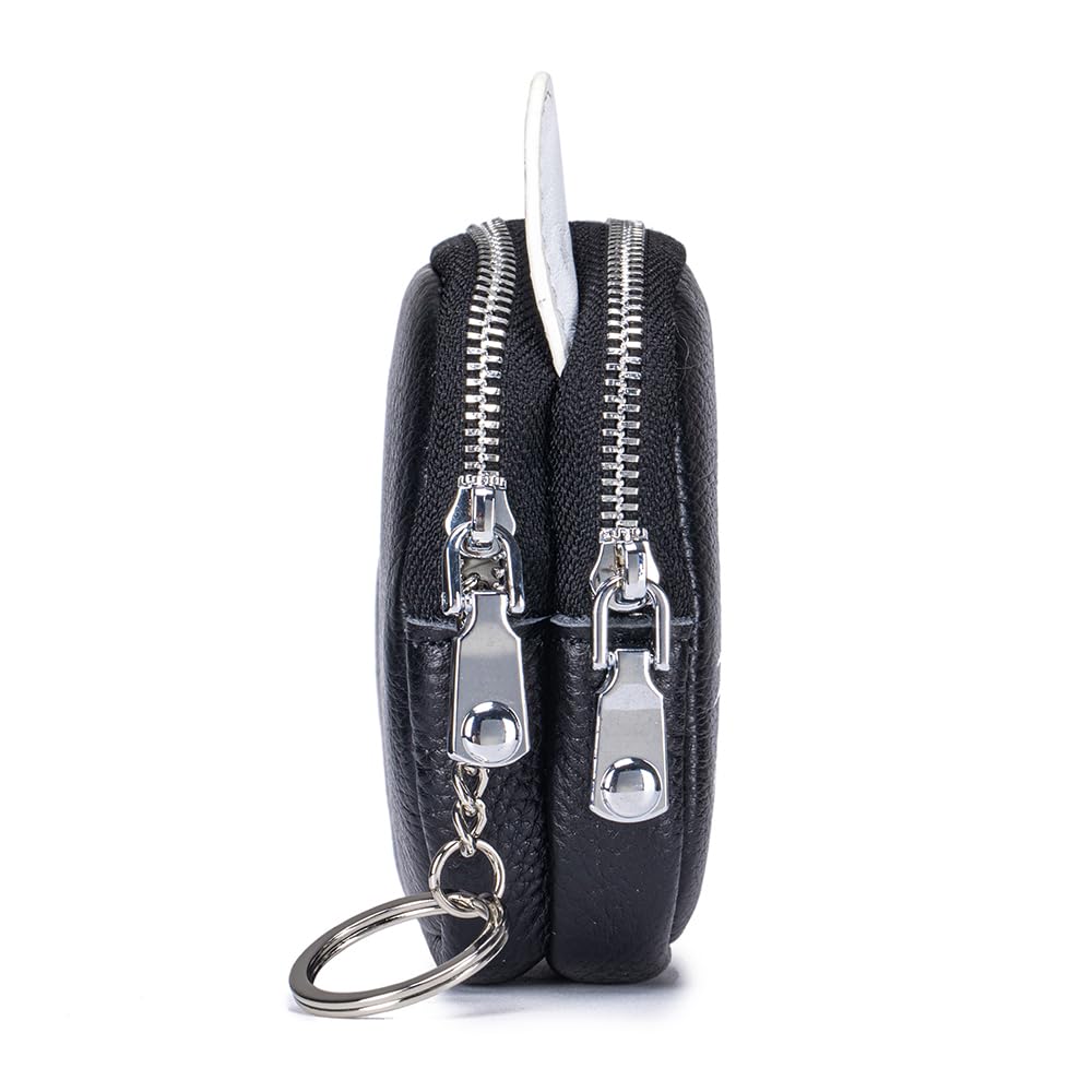 Äkta Läder Katt Myntplånbok för Kvinnor, Sött Myntfodral med Nyckelring, Miniplånbok, Accessoarväska, Katt Minipåse med Nyckelring (Svart)