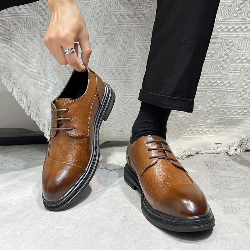 Casual Leather Shoes Men'S British Pointed Head Business Dress Work Shoes Groom Wedding Hairstylist Black Leather Shoes 19936
